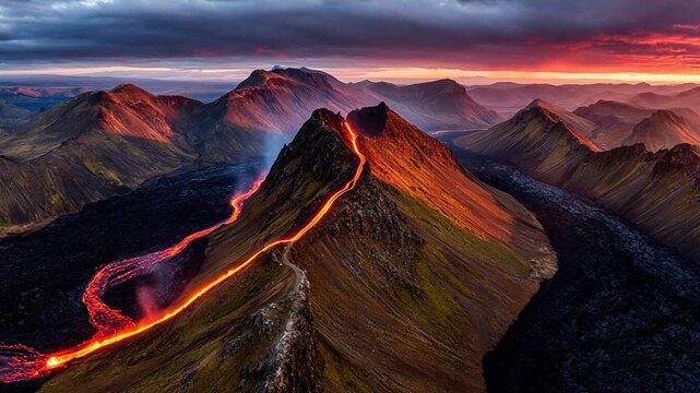 Volcano with flowing lava at sunset
