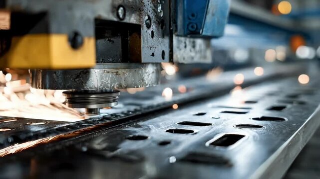 Closeup medium shot showing the stamping machine precisely cutting rectangular patterns from a large metal sheet for automotive parts.