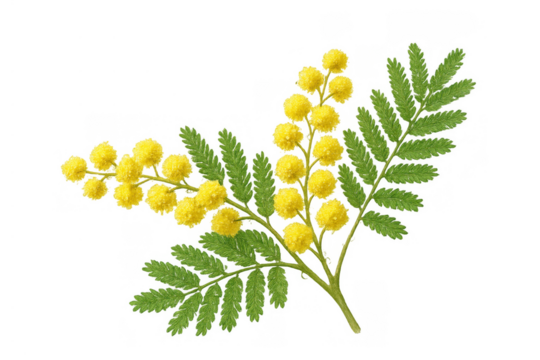 Mimosa flower branch with fluffy yellow blossoms and green leaves symbolizing spring and women's day on transparent background - Powered by Adobe