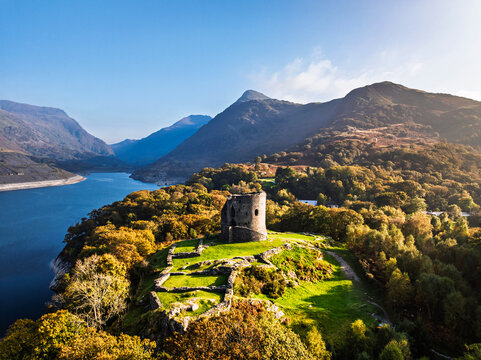 Autumn over Ruins of Dolbadarn Castle from a drone, Llanberis, Llywelyn, North Wales, UK