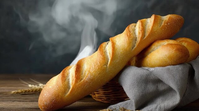 A beautiful display of freshly baked bread. Golden-crusted baguettes and soft rolls emit gentle steam, suggesting warmth and recent baking directly from the oven. They are artfully arranged in a rusti