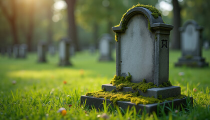 Blank gravestone covered in moss on grassy cemetery ground  