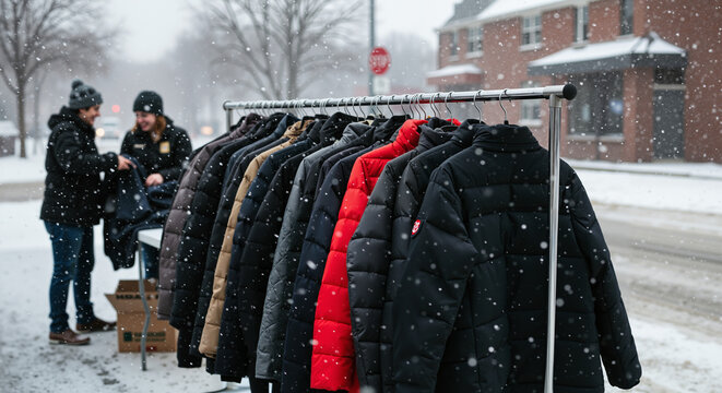 People distributing winter jackets in snowy street during cold weather - Powered by Adobe