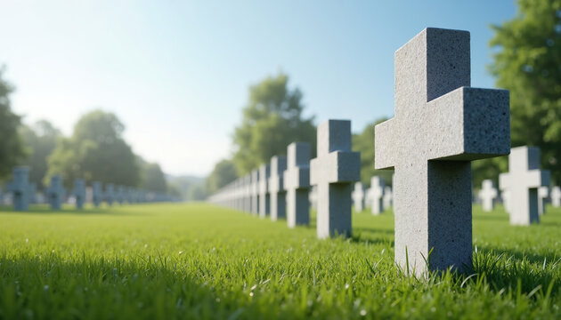 Gray gravestones aligned in grassy cemetery under clear blue sky  
