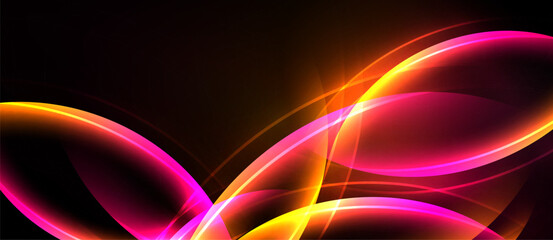 Abstract design features flowing curves, vibrant pinks, oranges against dark background. Dynamic light creates energetic visual impact.