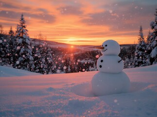 Cheerful snowman smiling at stunning sunset during a magical snowfall in the winter season