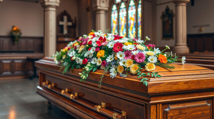Wooden casket adorned with flowers inside a church setting