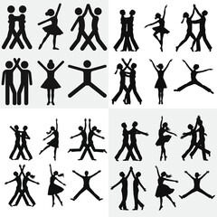 Fototapeta premium Silhouettes of people dancing jumping and posing vector illustration icon set