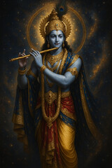 Obraz premium Shri Krishna with flute in Cosmic Background 