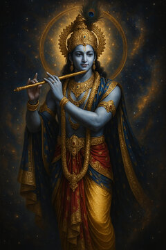 Shri Krishna with flute in Cosmic Background
