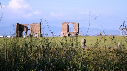 Ancient Roman aqueduct ruins rising across a sunlit green field near the Appian Way, showcasing...