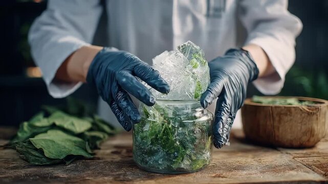 Scientist in lab coat pouring clear biodegradable resin into mold highlighting ecofriendly packaging development with natural breakdown properties.