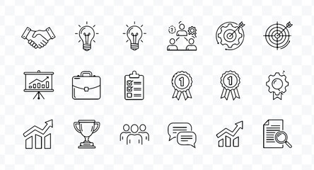 Set of handdrawn business and finance icon doodles representing teamwork, idea, goal, success, and achievement