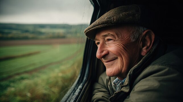 Elderly Man in Flat Cap Enjoying Countryside View from Car Window