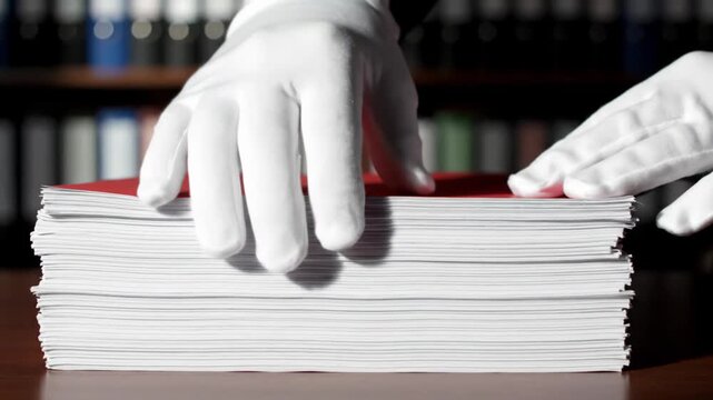 Hands in white gloves opening red folder of secret archival documents