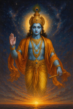 Shri Krishna with Divine Sudarshan Chakra in Cosmic Background
