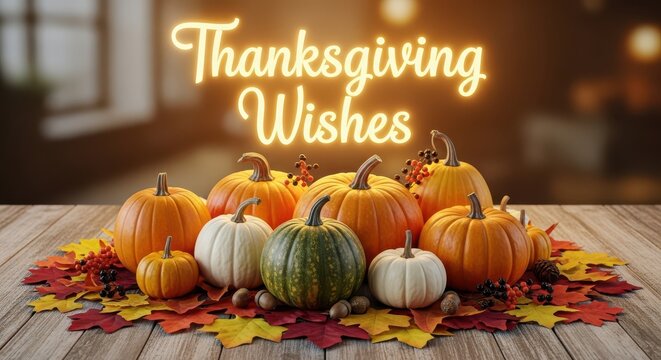 Cozy Thanksgiving Wishes Neon Light Text with Illuminated Pumpkins, Candles, and Autumn Leaves on Rustic Wooden Table