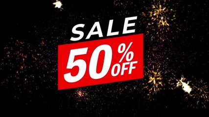 Animated SALE 50% OFF promotional text on dynamic red and black banners. High-energy motion graphics ideal for Black Friday, Cyber Monday, New Year sales, retail discounts. 4K video - Powered by Adobe