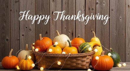 Rustic Happy Thanksgiving Script Text Above Wicker Basket Filled with Assorted Pumpkins, Gourds, and Fairy Lights on Dark Wood