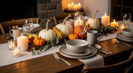 Elegant Thanksgiving Dinner Table Setting with White Pumpkins, Lit Candles, Fine China, and String Lights