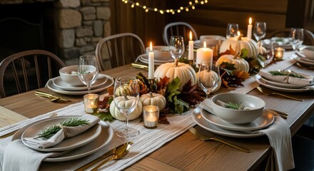 Elegant Thanksgiving Dinner Table Setting with White Pumpkins, Lit Candles, Fine China, and String Lights