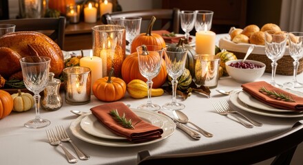 Traditional Thanksgiving Dinner Table Setting with Taper Candles, Assorted Pumpkins, and Orange-Themed Napkins