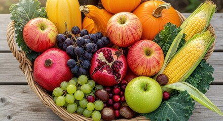 Rich Autumn Harvest Basket Overflowing with Pumpkins, Apples, Grapes, and Vegetables for Thanksgiving Abundance