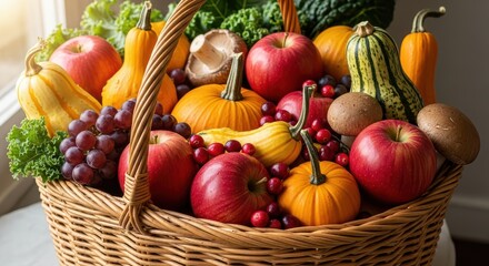 Rich Autumn Harvest Basket Overflowing with Pumpkins, Apples, Grapes, and Vegetables for Thanksgiving Abundance