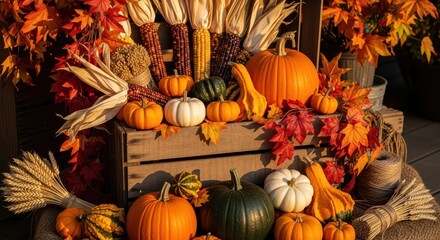 Vibrant Autumn Harvest Display with Assorted Pumpkins, Indian Corn, Maple Leaves, and Rustic Wood Crate