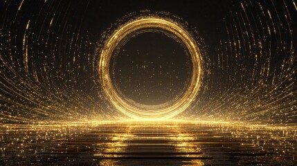 A luminous golden circle and streaking lights against a dark reflective surface with glowing particles