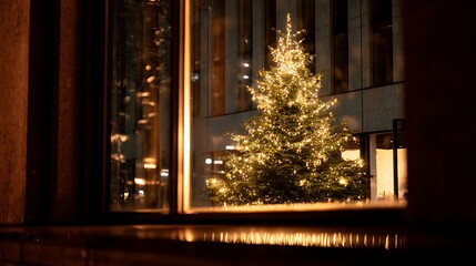 Christmas tree with lights is seen through a window on a dark night