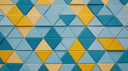 A geometric pattern of triangles in various shades of blue and yellow.