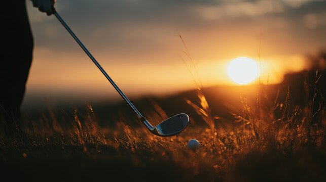 Golfer Practicing Swing at Dusk with Sunset Reflection on Silver Club