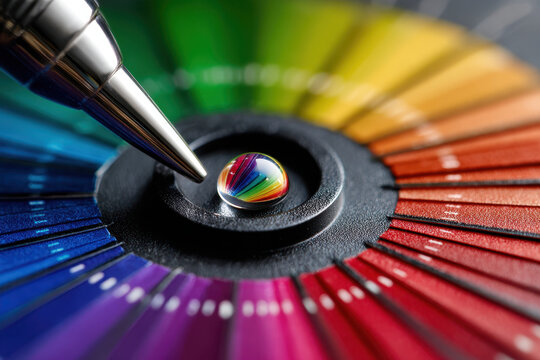Colorful drop of water resting on a color palette with a metallic pen nearby