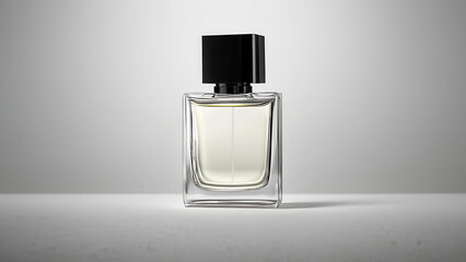 A modern perfume bottle in a strict and laconic design. The black and white contrast creates an emphasis on the shape. Suitable for use in commercial and brand layouts.