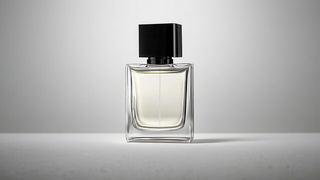 A modern perfume bottle in a strict and laconic design. The black and white contrast creates an emphasis on the shape. Suitable for use in commercial and brand layouts.