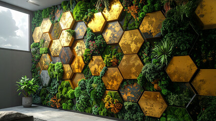 Modern interior wall combining gold hexagonal panels with lush living plants and moss. Represents biophilic design, sustainable luxury, and eco-friendly office decor.