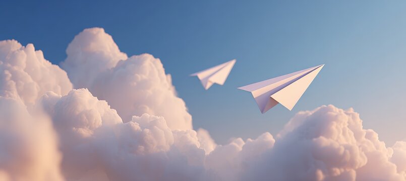Paper Airplanes Racing Toward Cloud Finish Line in Minimalist Sky Illustration