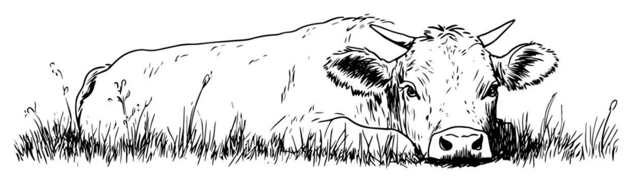 resting cow in grass hand drawn vector sketch illustration