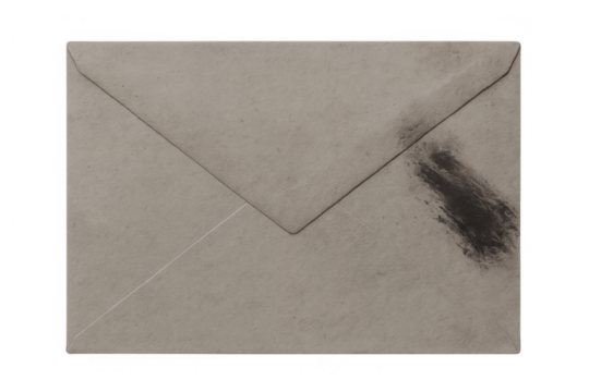 Vintage letter envelope with grunge smudge effect representing old communication, mail, and historical documents, transparent background