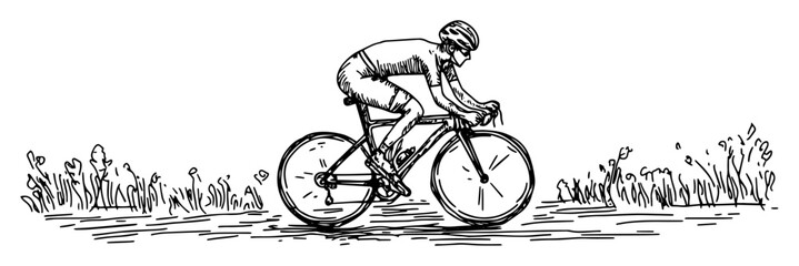 cyclist riding bicycle in nature hand drawn vector sketch