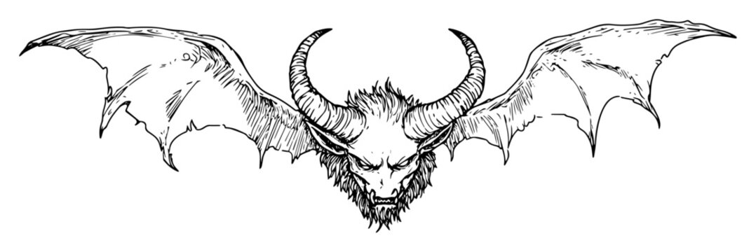 demonic winged skull with horns vector sketch illustration