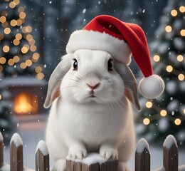 Lapin blanc de face avec un bonnet du P&egrave;re-No&euml;l