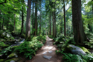 Fototapeta premium Sunlit Forest Path with Lush Green Ferns and Mossy Rocks