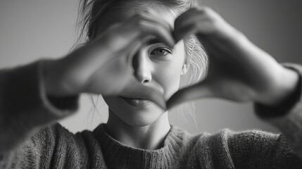 Woman Creating Heart with Hands in Soft Light and Neutral Background