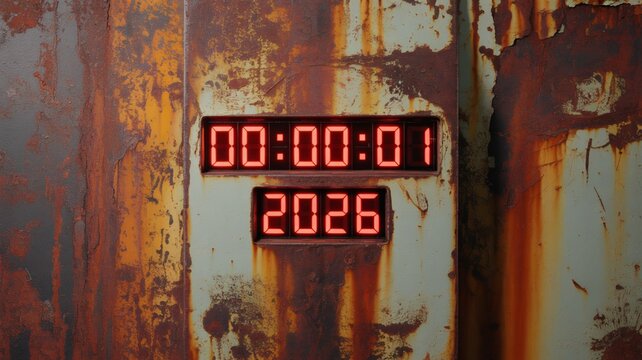 Highly Detailed Close Up Photograph of a Digital Clock Countdown to the Year 2026 on Rusted Metal
