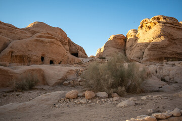 Rock Formation in Petra during Sunny Day. Outdoor Scenery of Red Sandstone Cliff in Jordan.