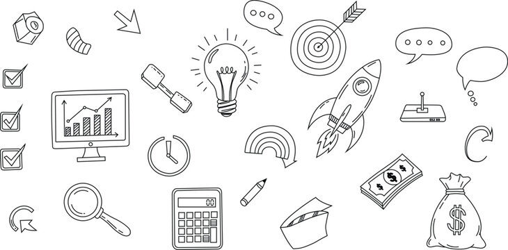 Hand drawn business and finance icons doodle style sketch
