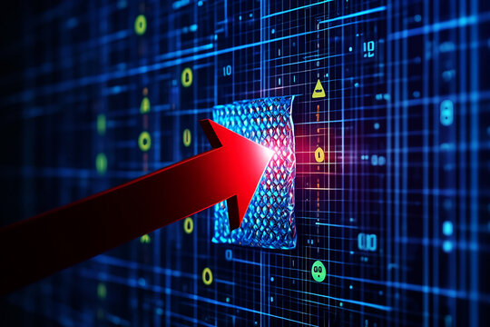 Red arrow piercing through a textured blue digital grid with glowing data points image