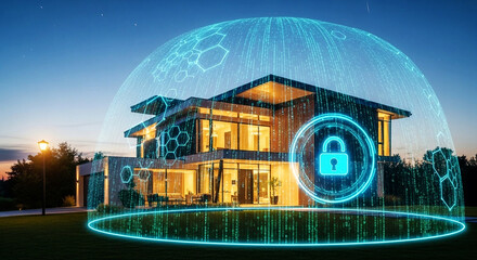 Modern house protected by glowing blue digital security shield with padlock icon home technology